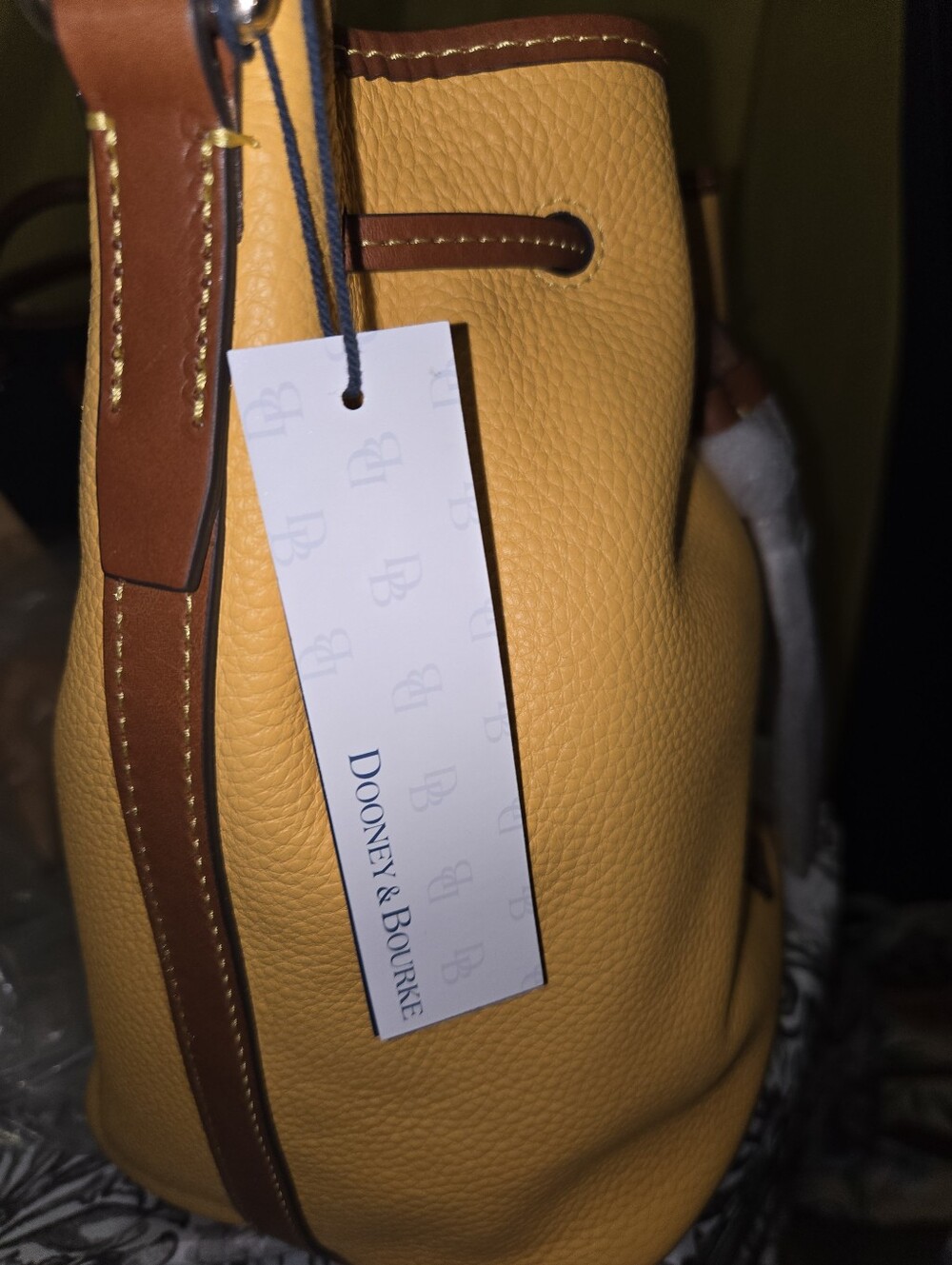 Dooney & Bourke Mustard Yellow Leather Drawstring Hobo with Dark Brown Straps - Picture 14 of 16